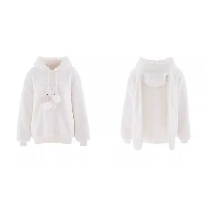 White Bunny Hoodie – Soft Lamb Wool Fleece Pullover Winter Style