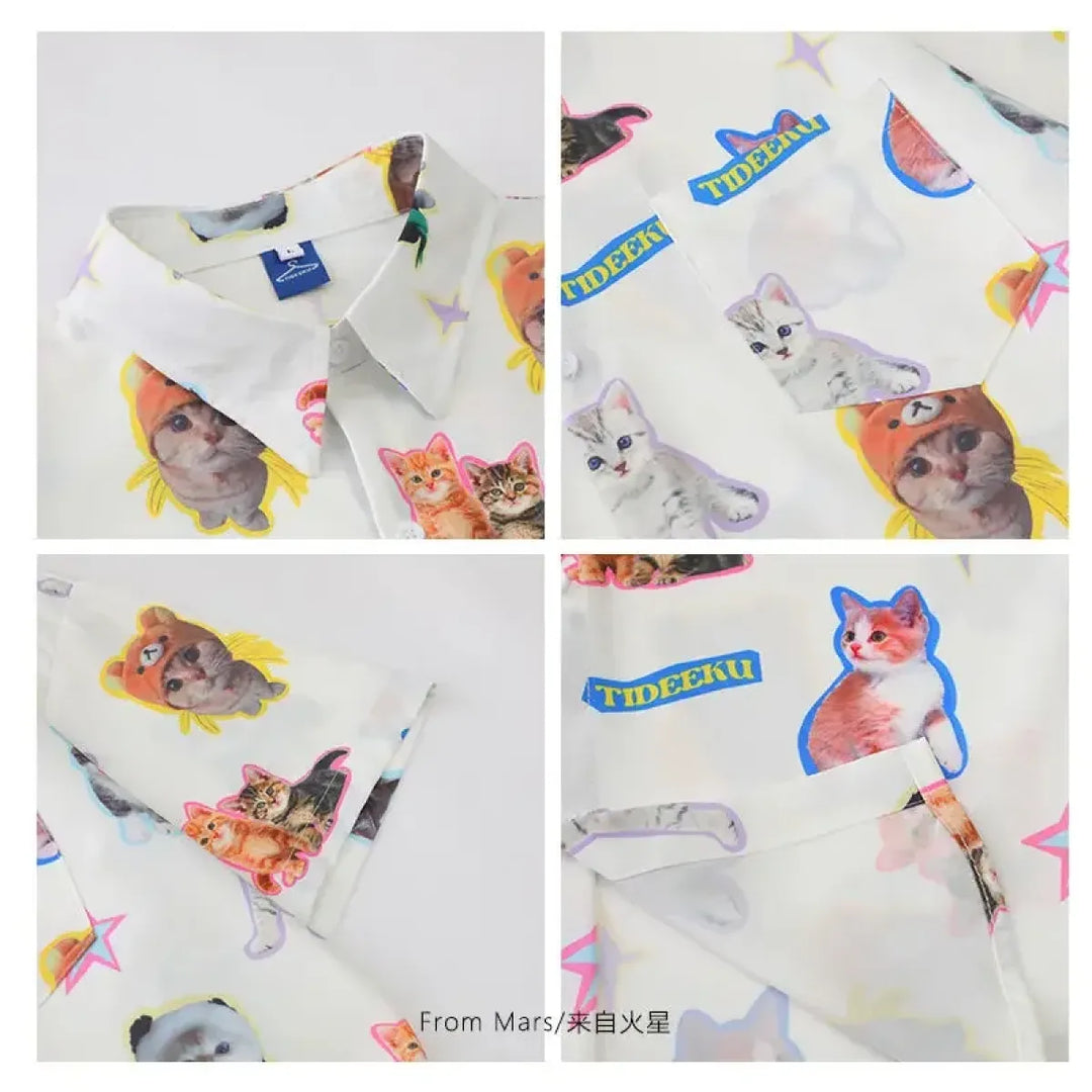 White Kawaii Cat Print Oversized Shirt – Harajuku Short Sleeve Blouse