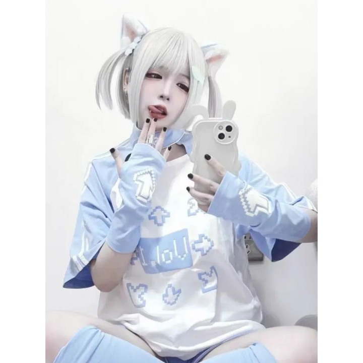 Blue & White Kawaii Harajuku Tops – Y2K Anime Print Top