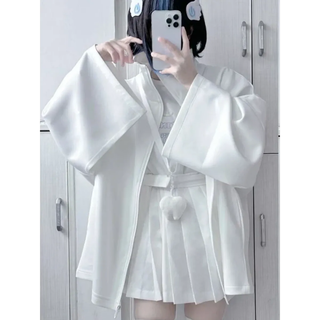 White Oversized Harajuku Hoodie – Embroidered Y2K Aesthetic Zip-Up
