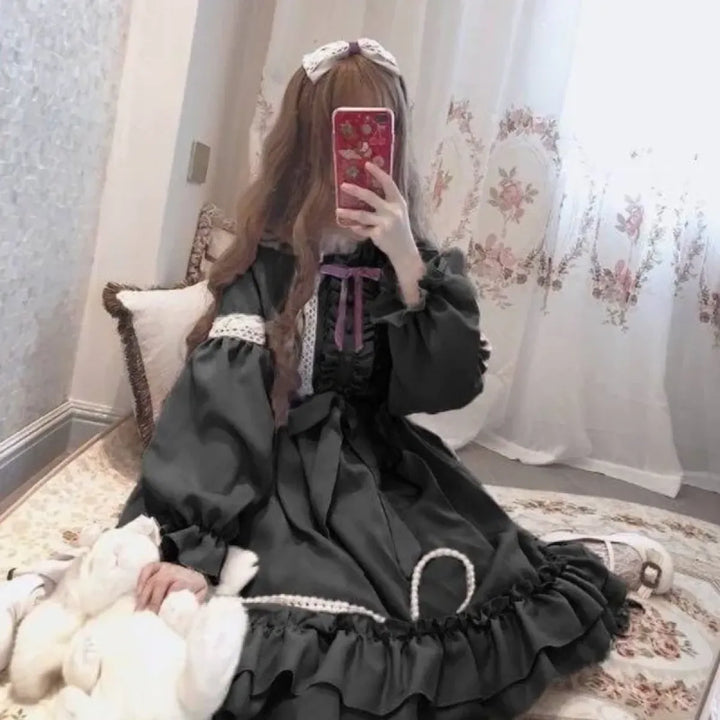 Alice in Wonderland Lolita Dress – Harajuku Fairycore Long Sleeve OP with Lace Trim
