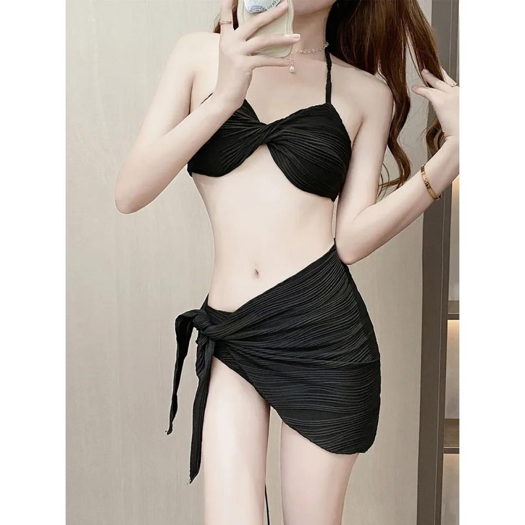 Pleated Bikini Set – Halter Top with Wrap Skirt Cover-Up