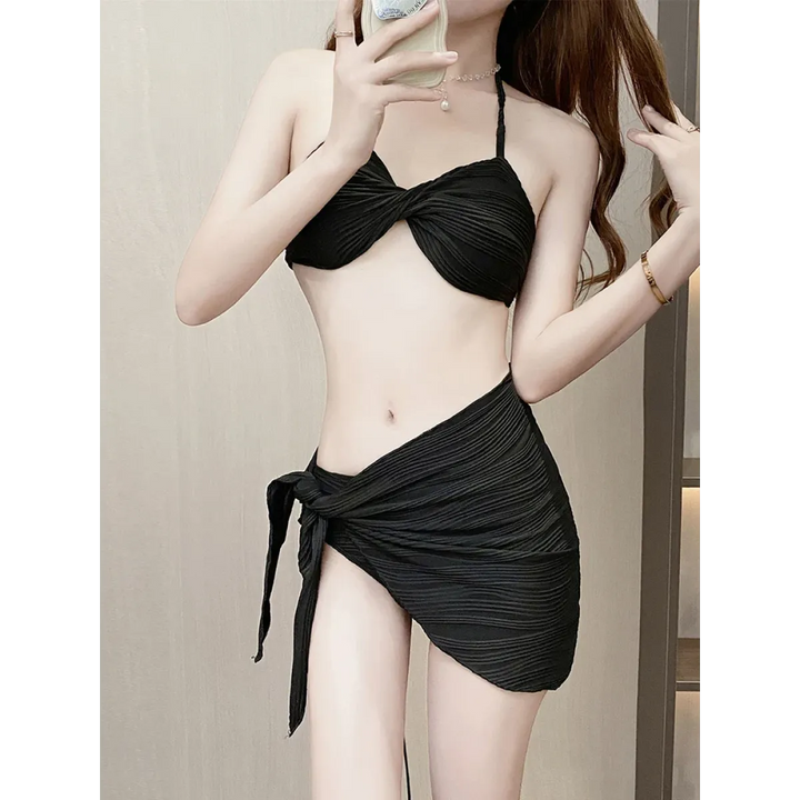Pleated Bikini Set – Halter Top with Wrap Skirt Cover-Up