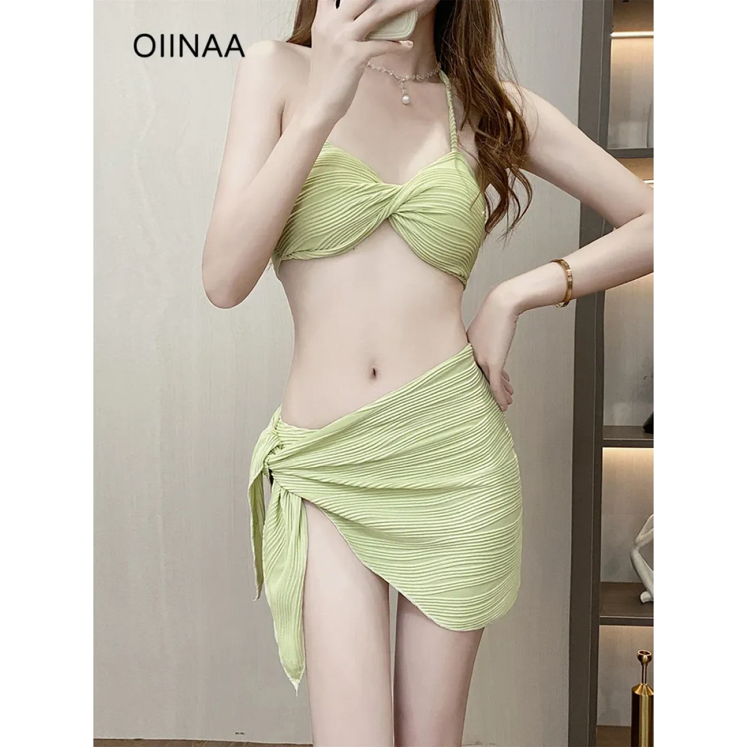 Pleated Bikini Set – Halter Top with Wrap Skirt Cover-Up