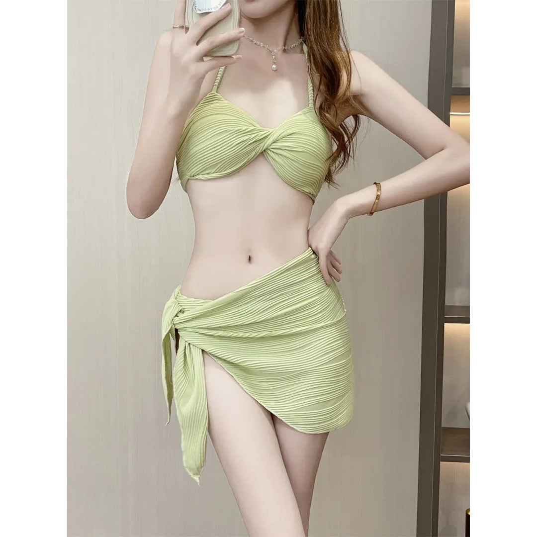 Pleated Bikini Set – Halter Top with Wrap Skirt Cover-Up