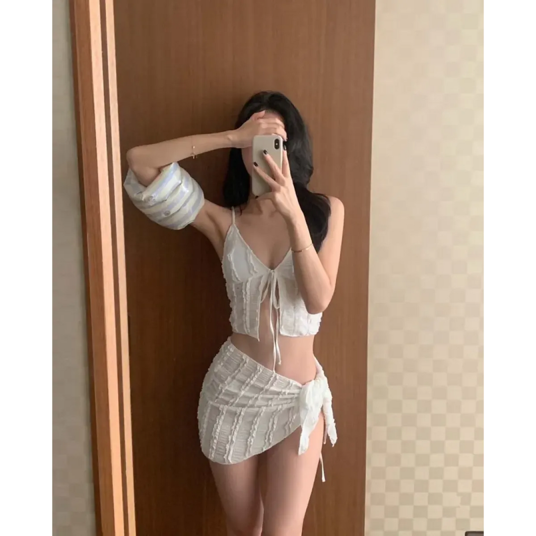 Lavender Low Cut Bikini Set – Halter Lace Up with Wrap Skirt Cover-Up