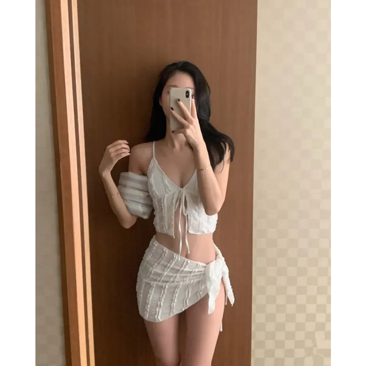 Lavender Low Cut Bikini Set – Halter Lace Up with Wrap Skirt Cover-Up