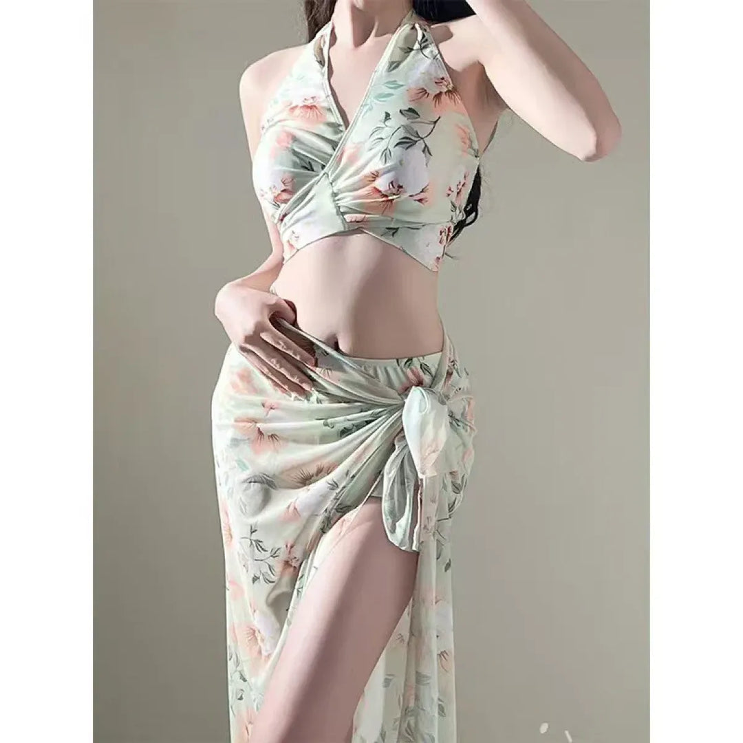 Floral Halter Bikini Set – Ruffled Mesh Wrap Skirt Swimwear