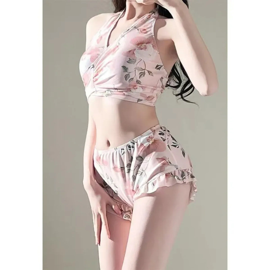 Floral Halter Bikini Set – Ruffled Mesh Wrap Skirt Swimwear