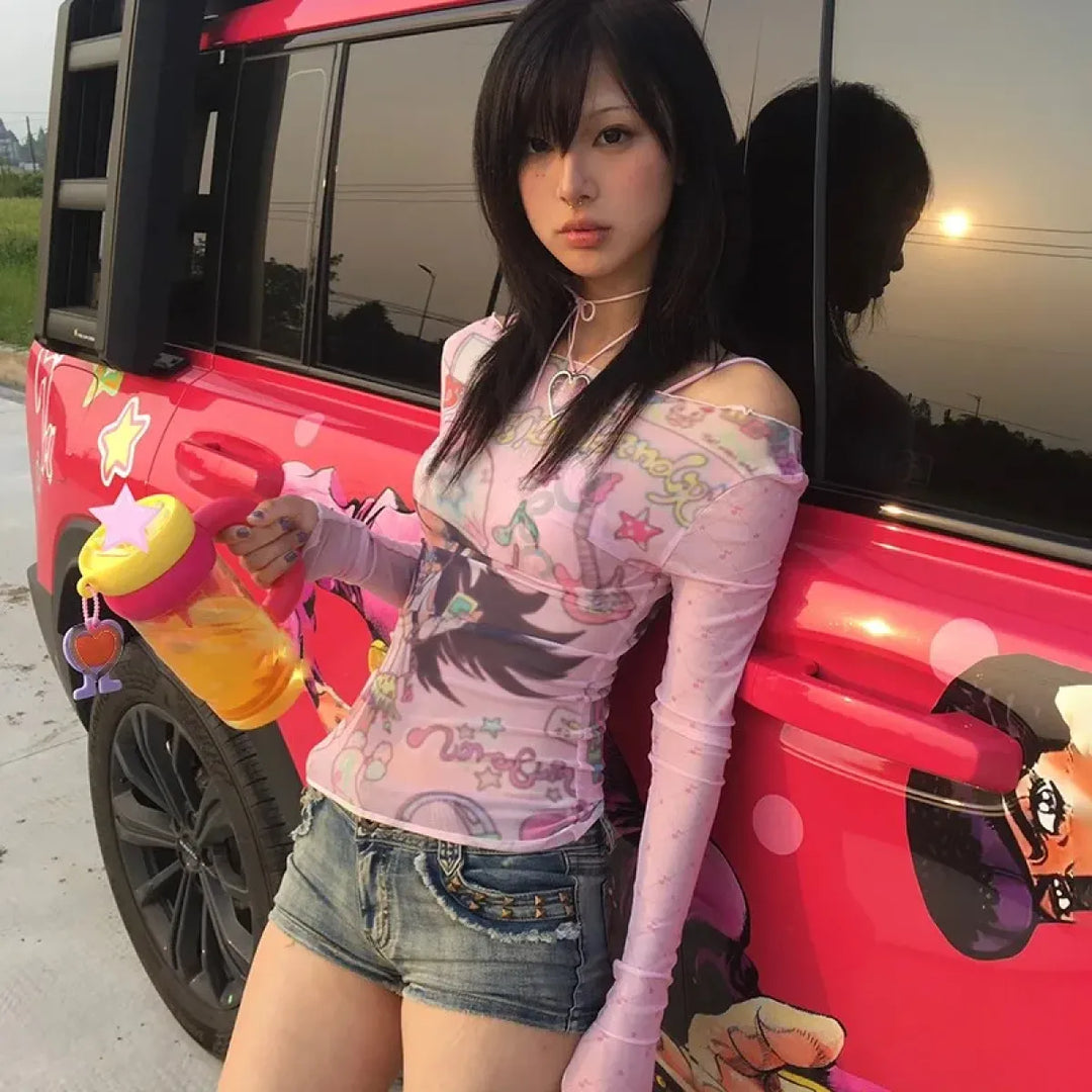 Y2K Anime Print Mesh Top – Pink Sheer Harajuku Kawaii T-Shirt
