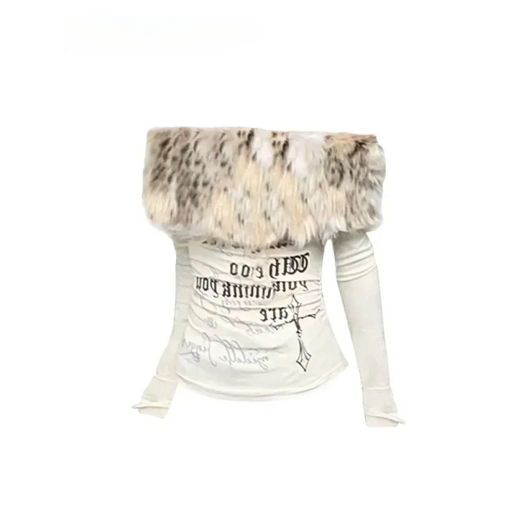 Y2K Coquette Off-Shoulder Top – Faux Fur Trim Long Sleeve