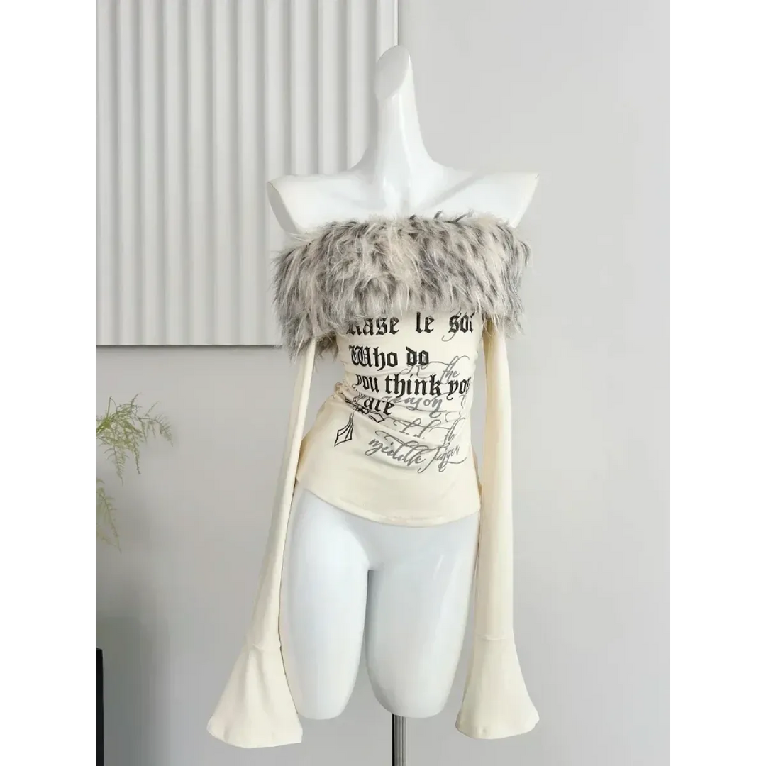 Y2K Coquette Off-Shoulder Top – Faux Fur Trim Long Sleeve