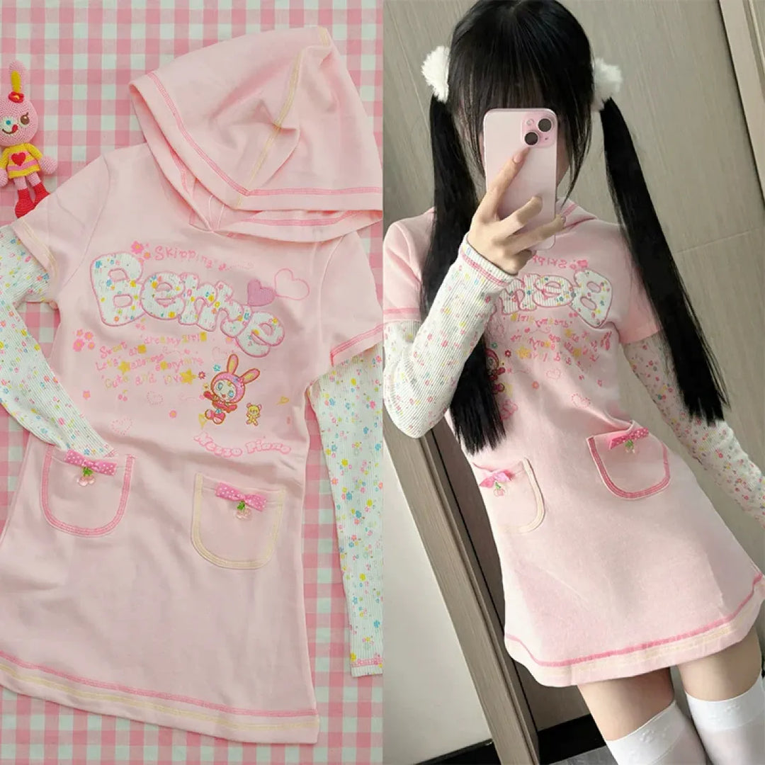 Kawaii Hoodie Dress – Y2K Fairycore Cartoon Print