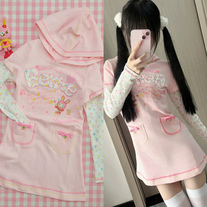 Kawaii Hoodie Dress – Y2K Fairycore Cartoon Print