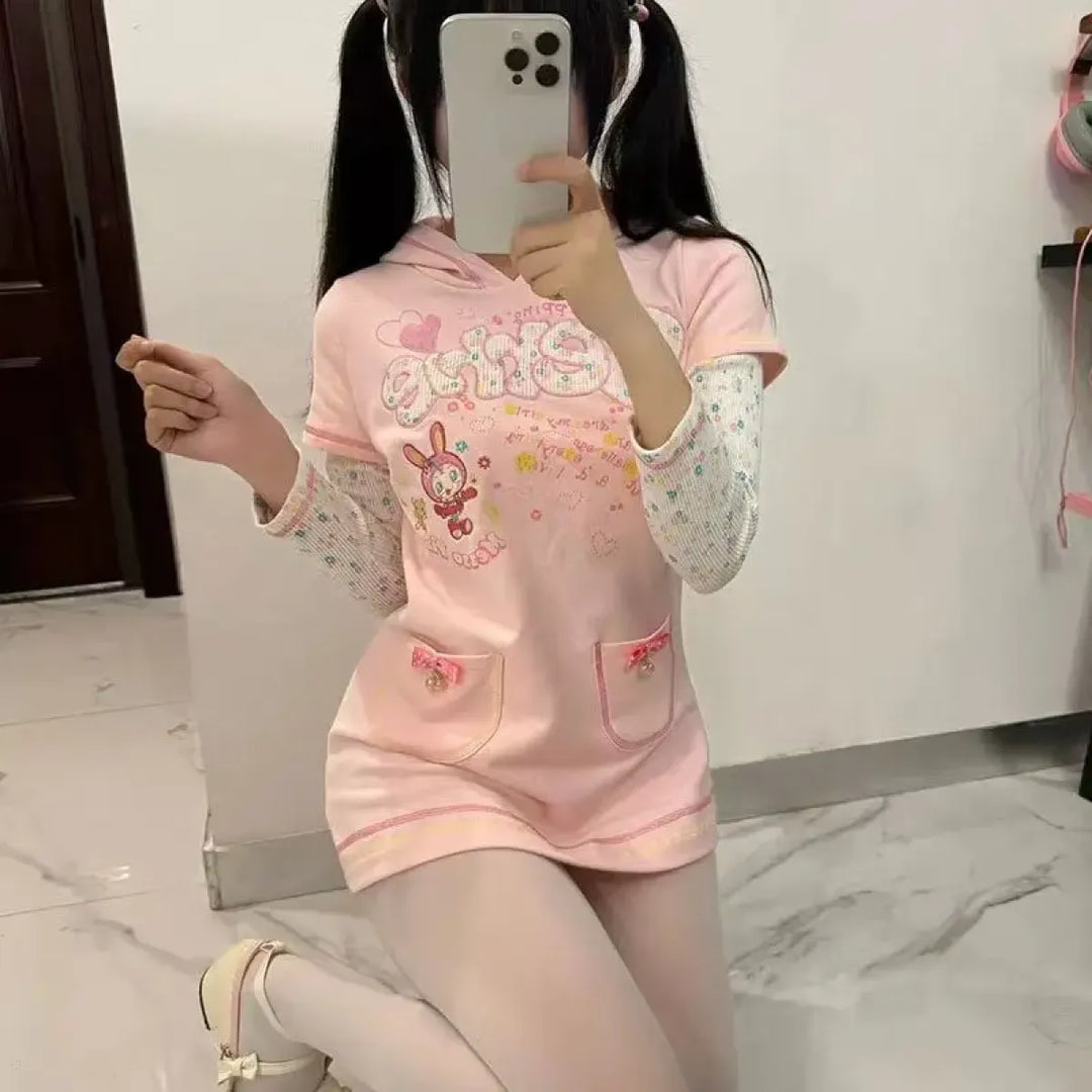 Kawaii Hoodie Dress – Y2K Fairycore Cartoon Print