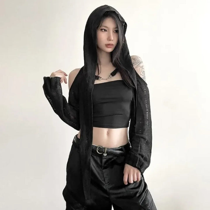 Y2K Grunge Black Hollow Out Hoodie – Slim Fit Long Sleeve Tee