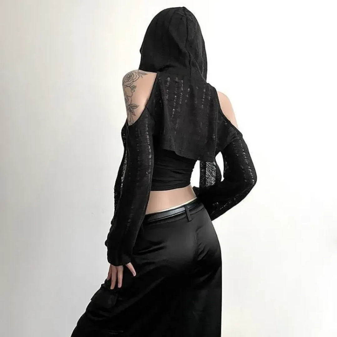Y2K Grunge Black Hollow Out Hoodie – Slim Fit Long Sleeve Tee