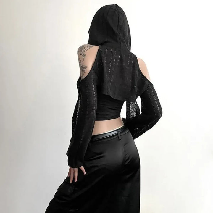 Y2K Grunge Black Hollow Out Hoodie – Slim Fit Long Sleeve Tee