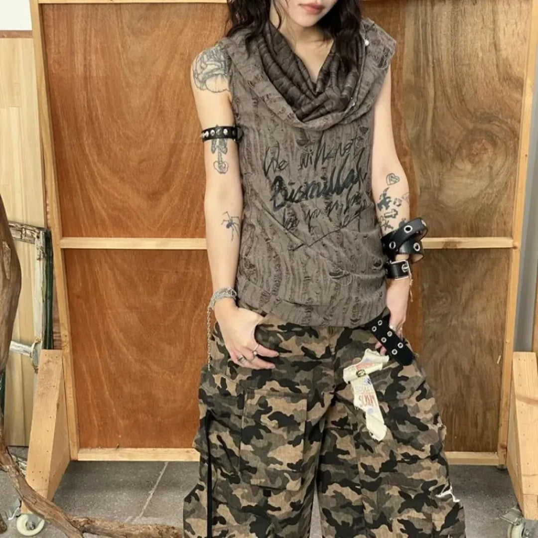 Distressed Hoodie Tank Top – Y2K Grunge Pearl Detail Tee