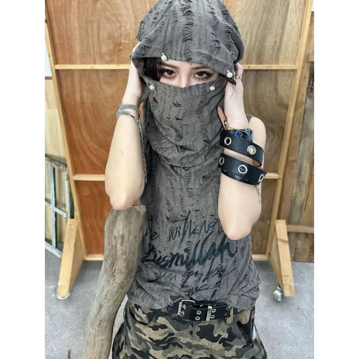 Distressed Hoodie Tank Top – Y2K Grunge Pearl Detail Tee