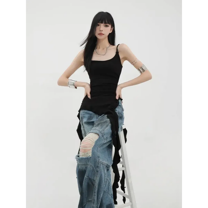 Black Asymmetrical Ruffle Tank Top – Y2K Grunge Punk Camisole