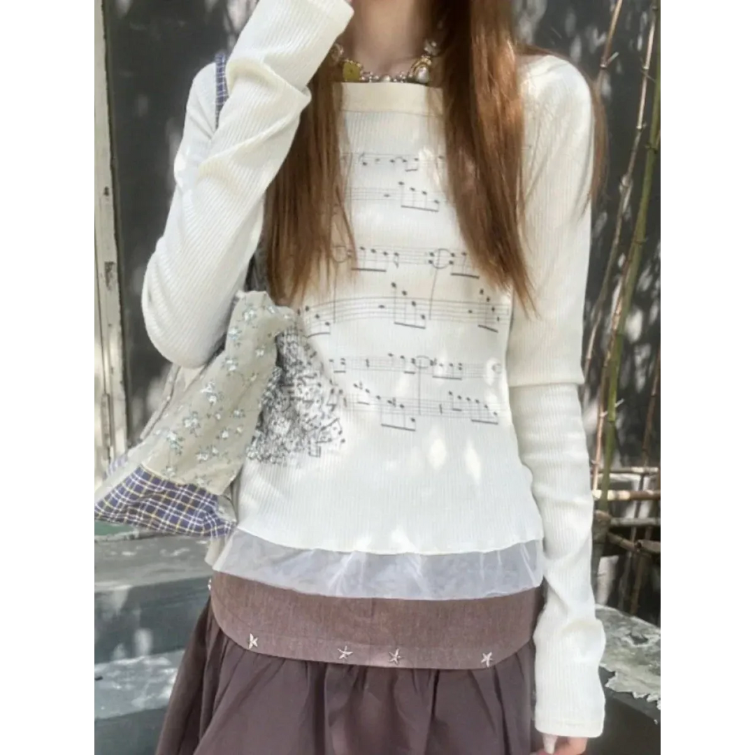 White Music Note Print Top – Off-Shoulder Y2K Grunge Tee