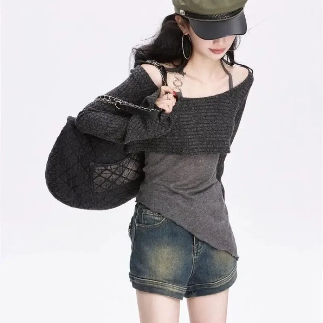 Gray Off-Shoulder Knitted Halter Top – Y2K Gyaru Asymmetric Crop Tee