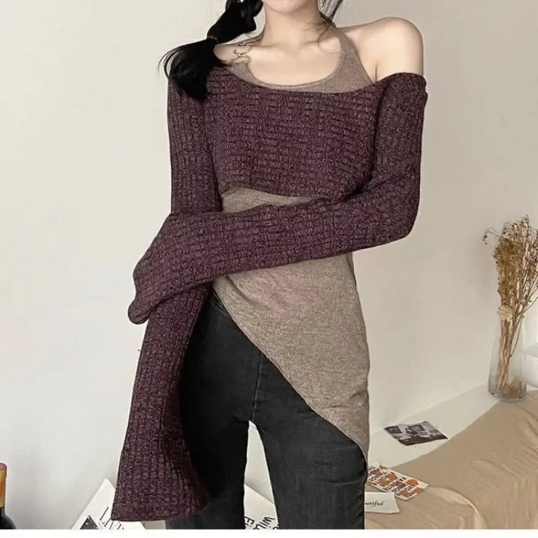 Gray Off-Shoulder Knitted Halter Top – Y2K Gyaru Asymmetric Crop Tee