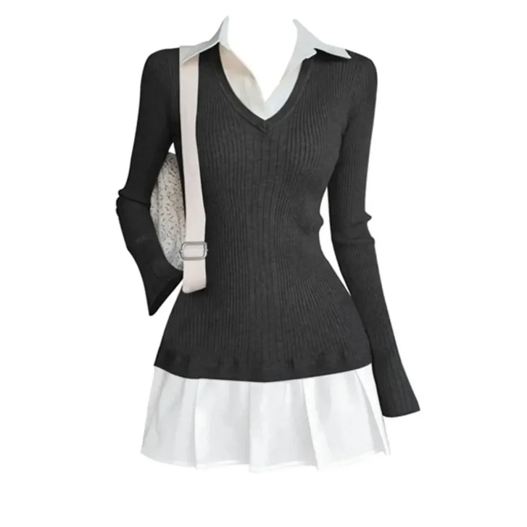 Preppy Knitted Mini Dress – Y2K Gyaru Fake Two-Piece