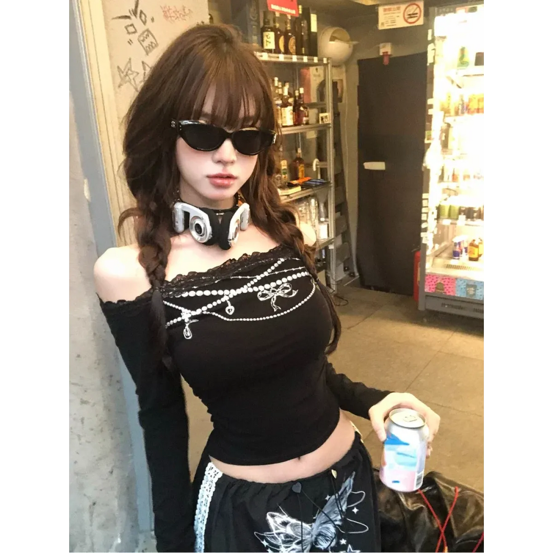 Lace Off-Shoulder Top – Y2K Harajuku E-Girl Aesthetic