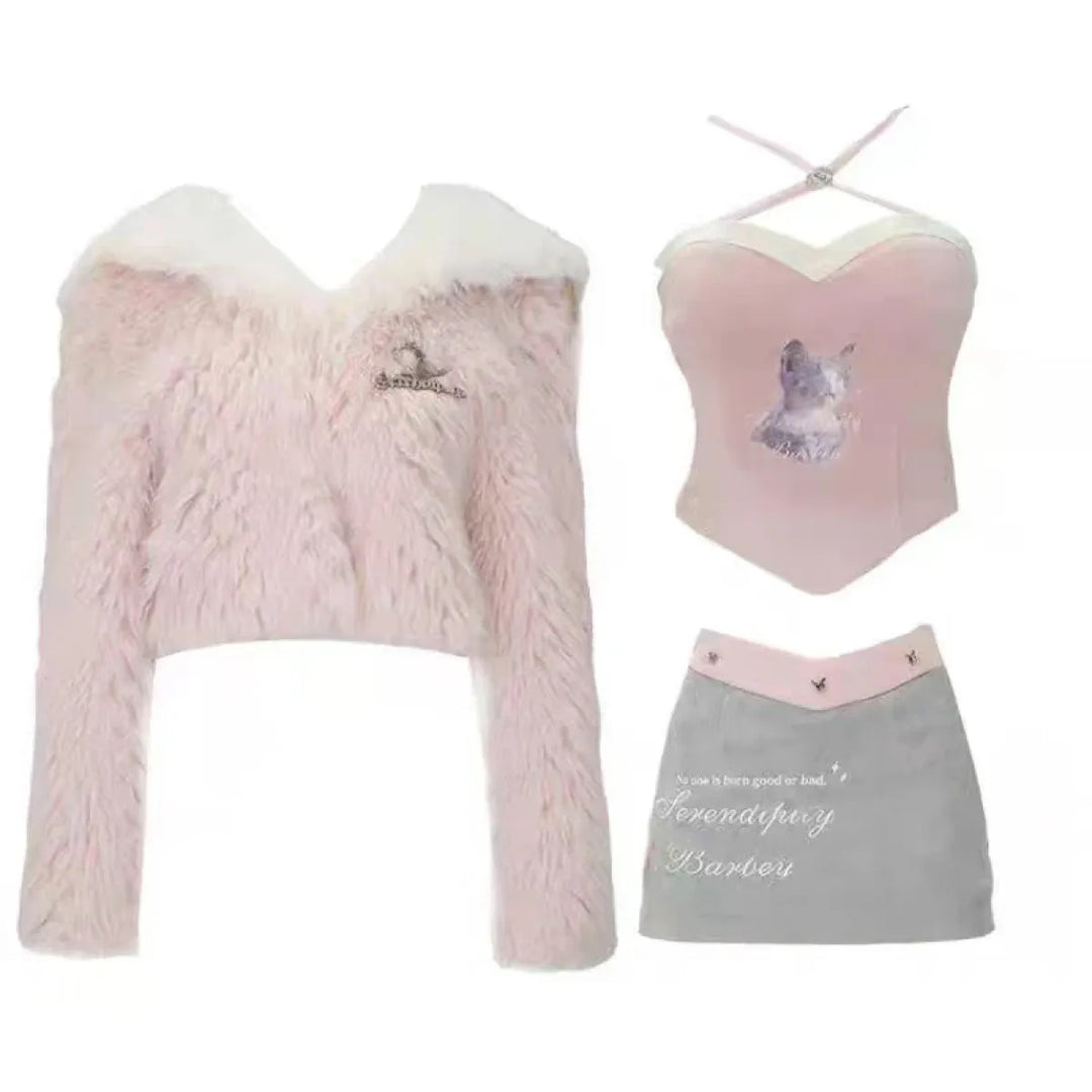 Kawaii Faux Fur Coat & Mini Skirt Set – Y2K Harajuku Outfit