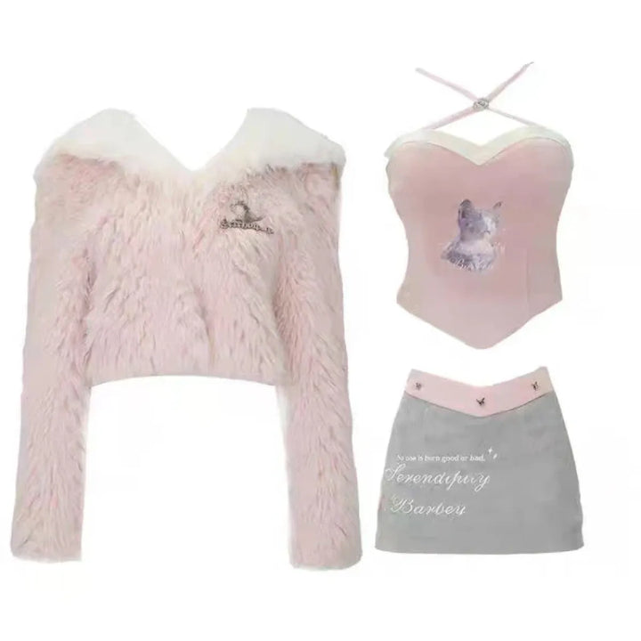 Kawaii Faux Fur Coat & Mini Skirt Set – Y2K Harajuku Outfit