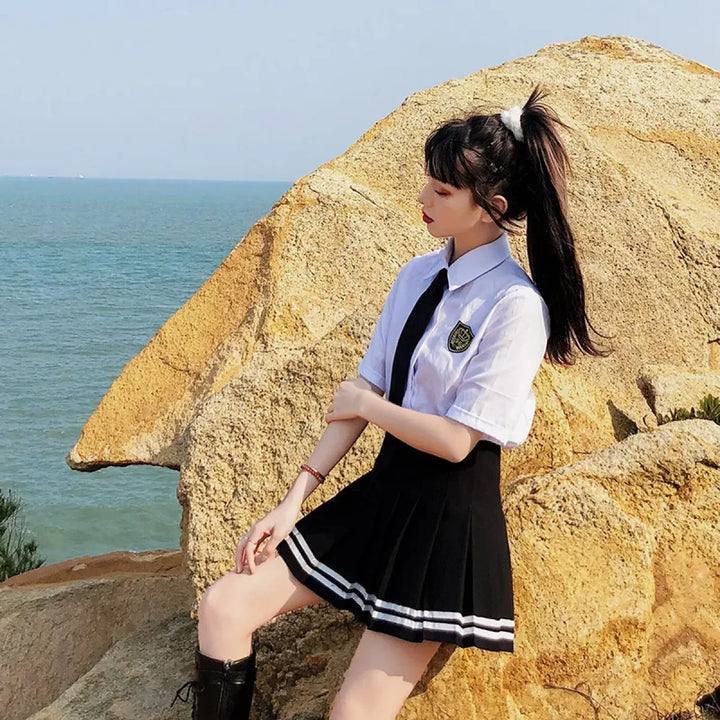 Y2K High Waist Pleated Mini Skirt – Kawaii Preppy Striped Style