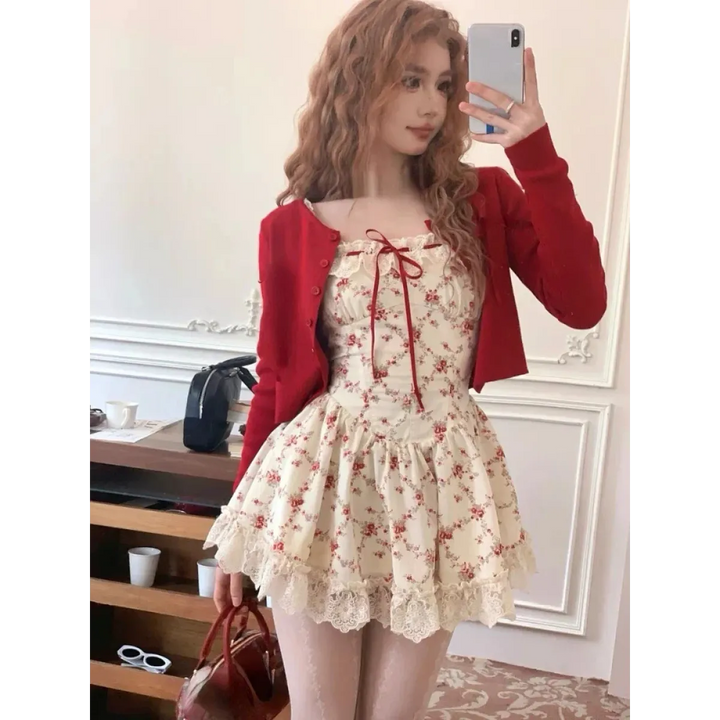 Sweet Lolita Floral Lace Mini Dress Set – Y2K Red Cardigan Suit