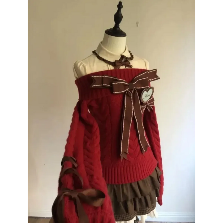Y2K Off Shoulder Bow Sweater & Ruched Skirt Set – Autumn Knit