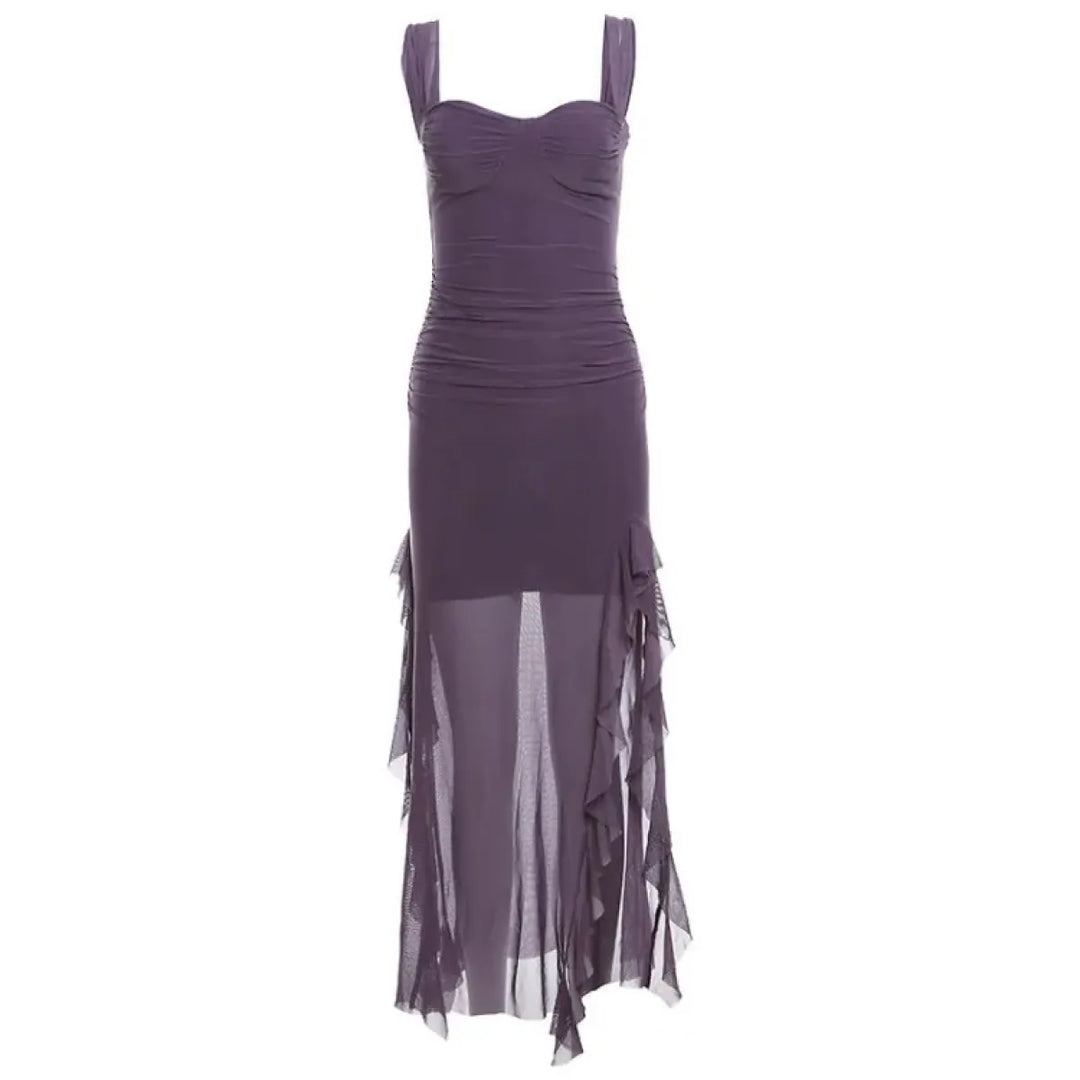 Sheer Mesh Ruffle Dress – Y2K Slim Fit High Slit Aesthetic