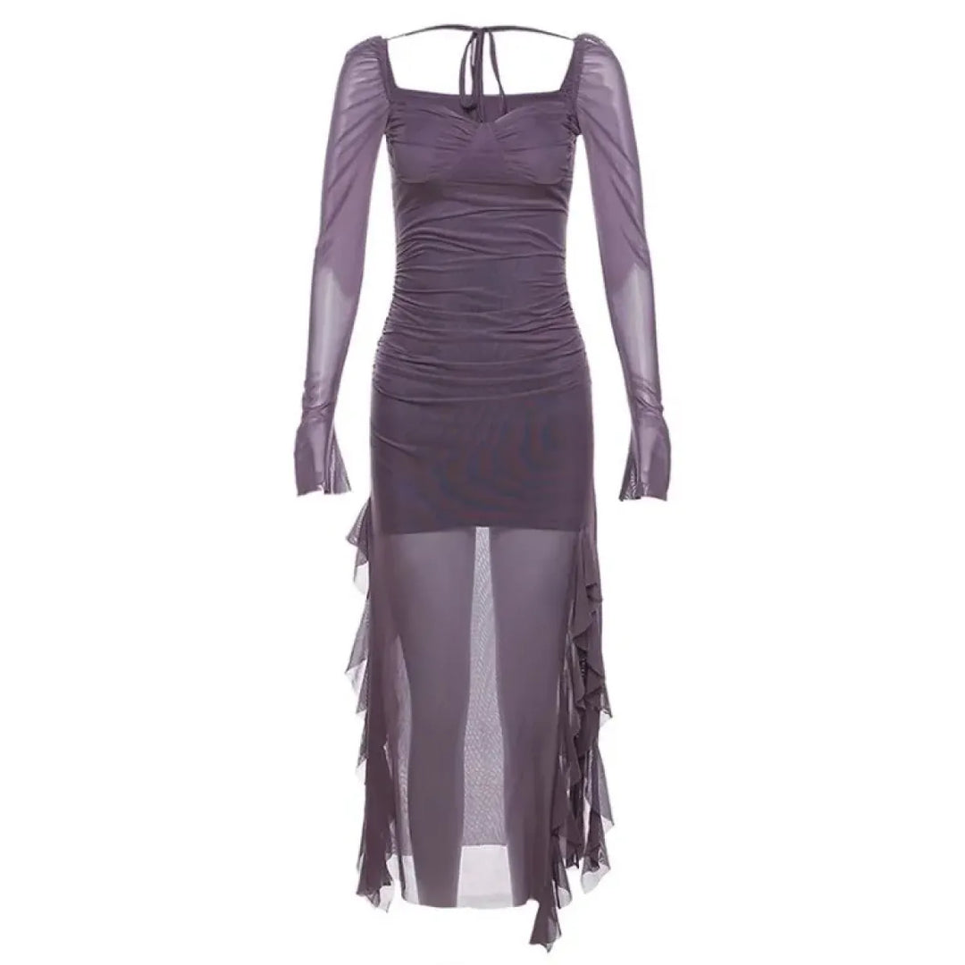 Sheer Mesh Ruffle Dress – Y2K Slim Fit High Slit Aesthetic