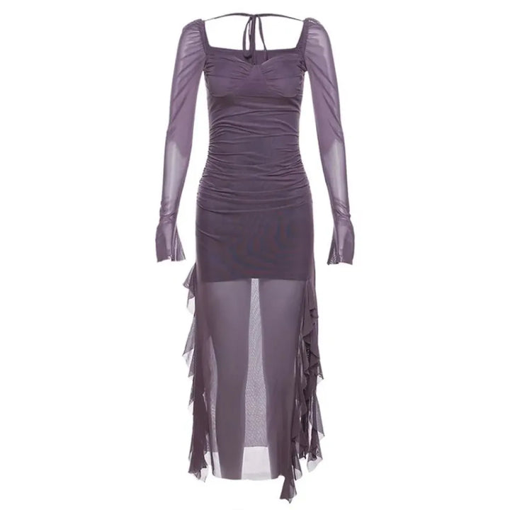 Sheer Mesh Ruffle Dress – Y2K Slim Fit High Slit Aesthetic
