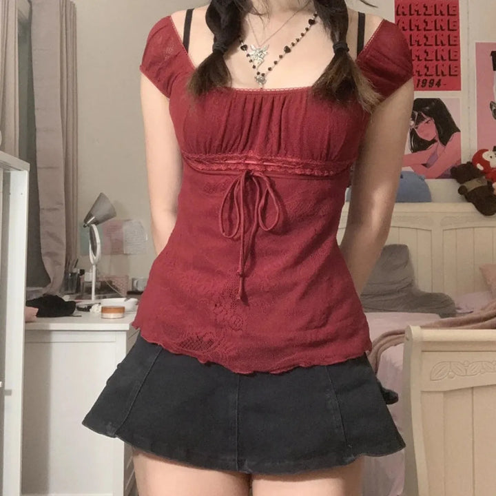 Red Square Collar Crop Top - Y2K Vintage Fairy Grunge Tee