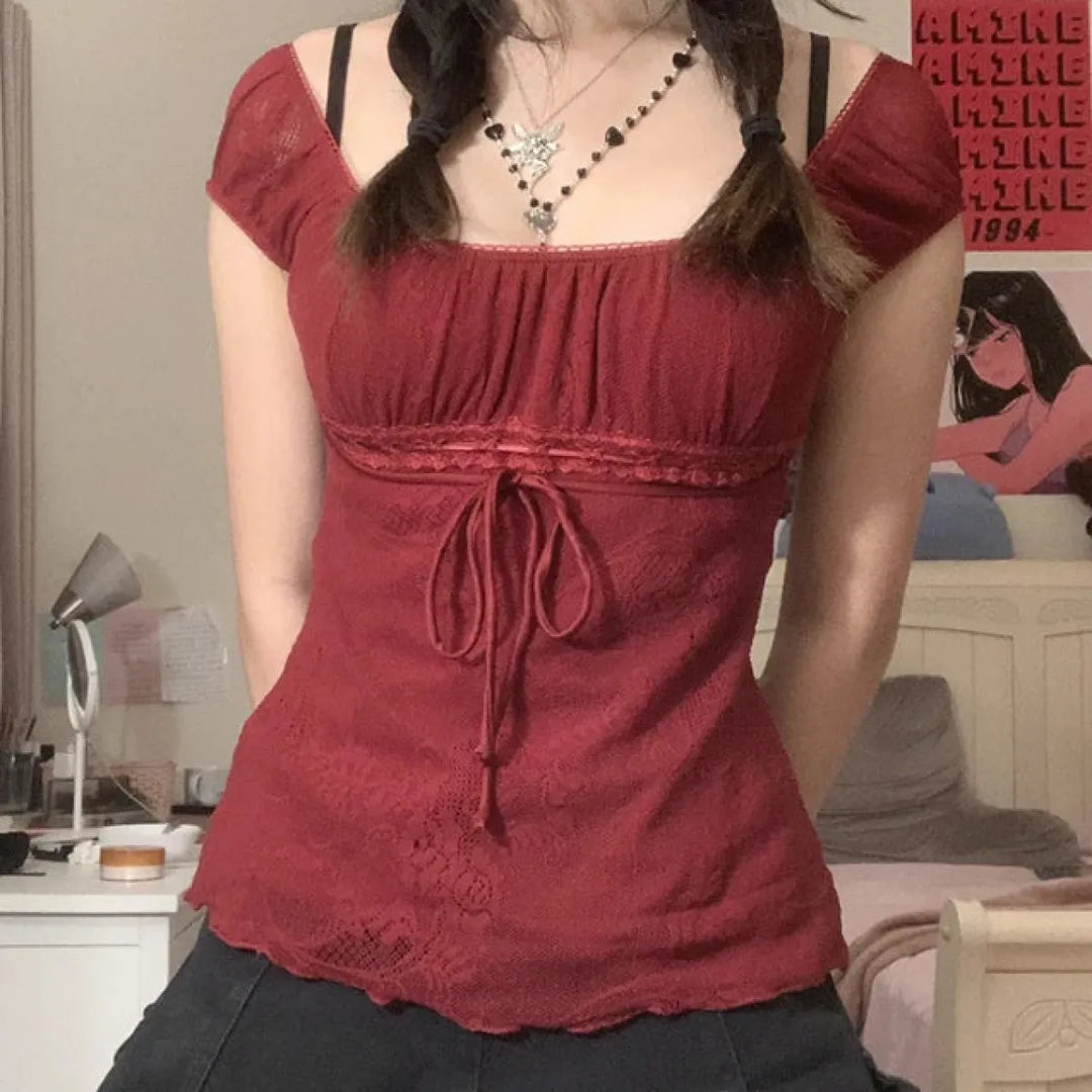 Red Square Collar Crop Top - Y2K Vintage Fairy Grunge Tee